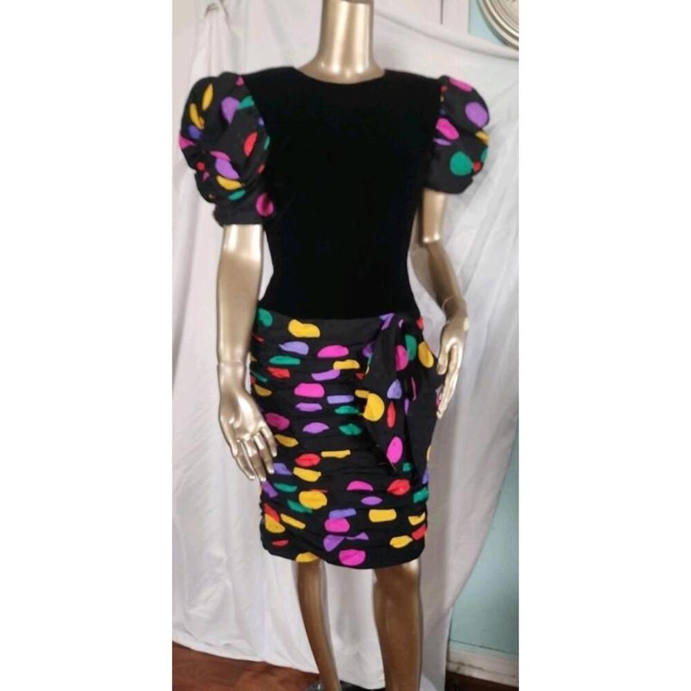 Neiman Marcus 53% Silk Polka Dot Drop Waist Party Dress Bow Sz6 Vintage